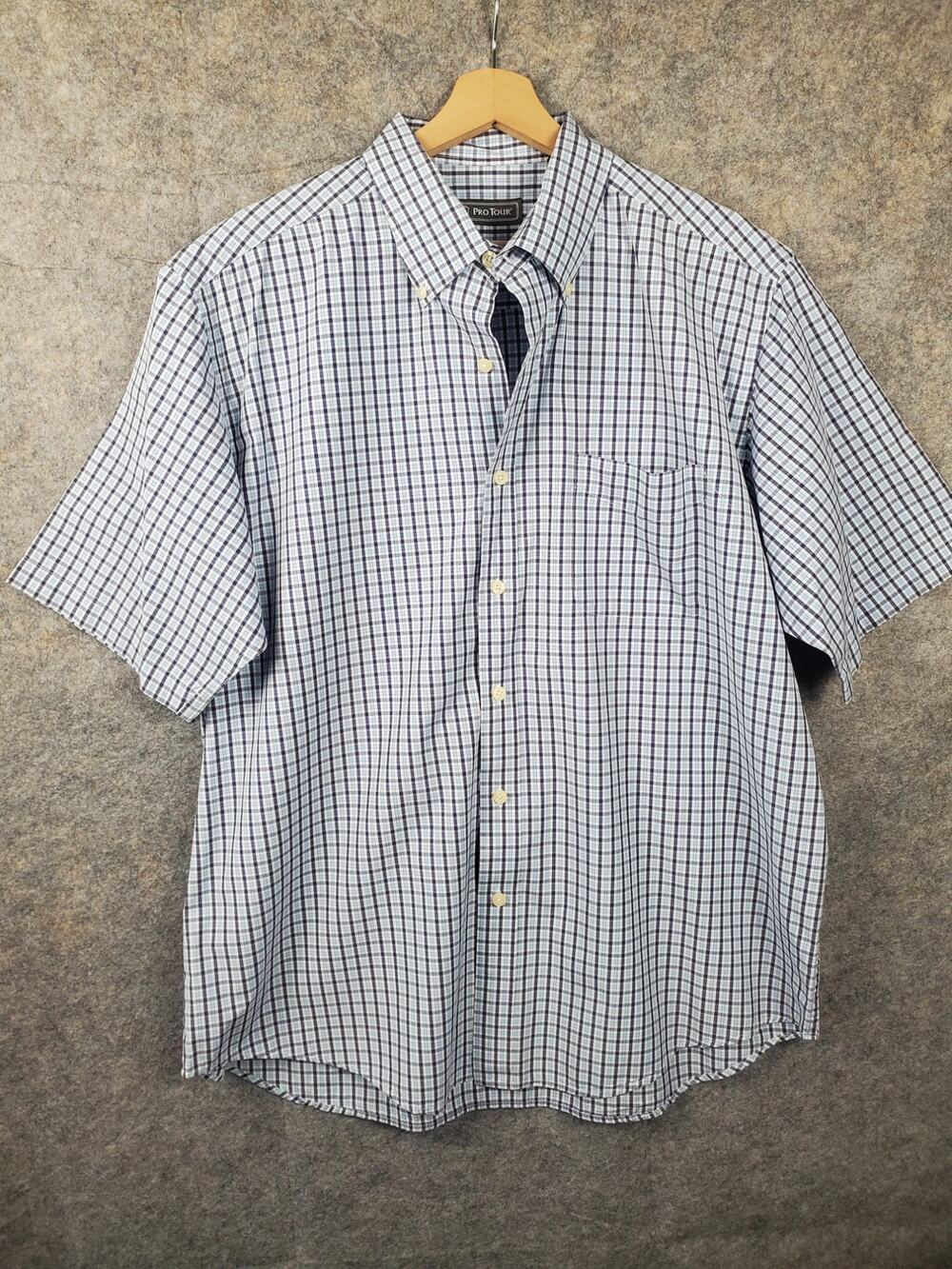 Men's Pro Tour XL Blue & White Plaid Short Sleeve Casual Button Down Shirt